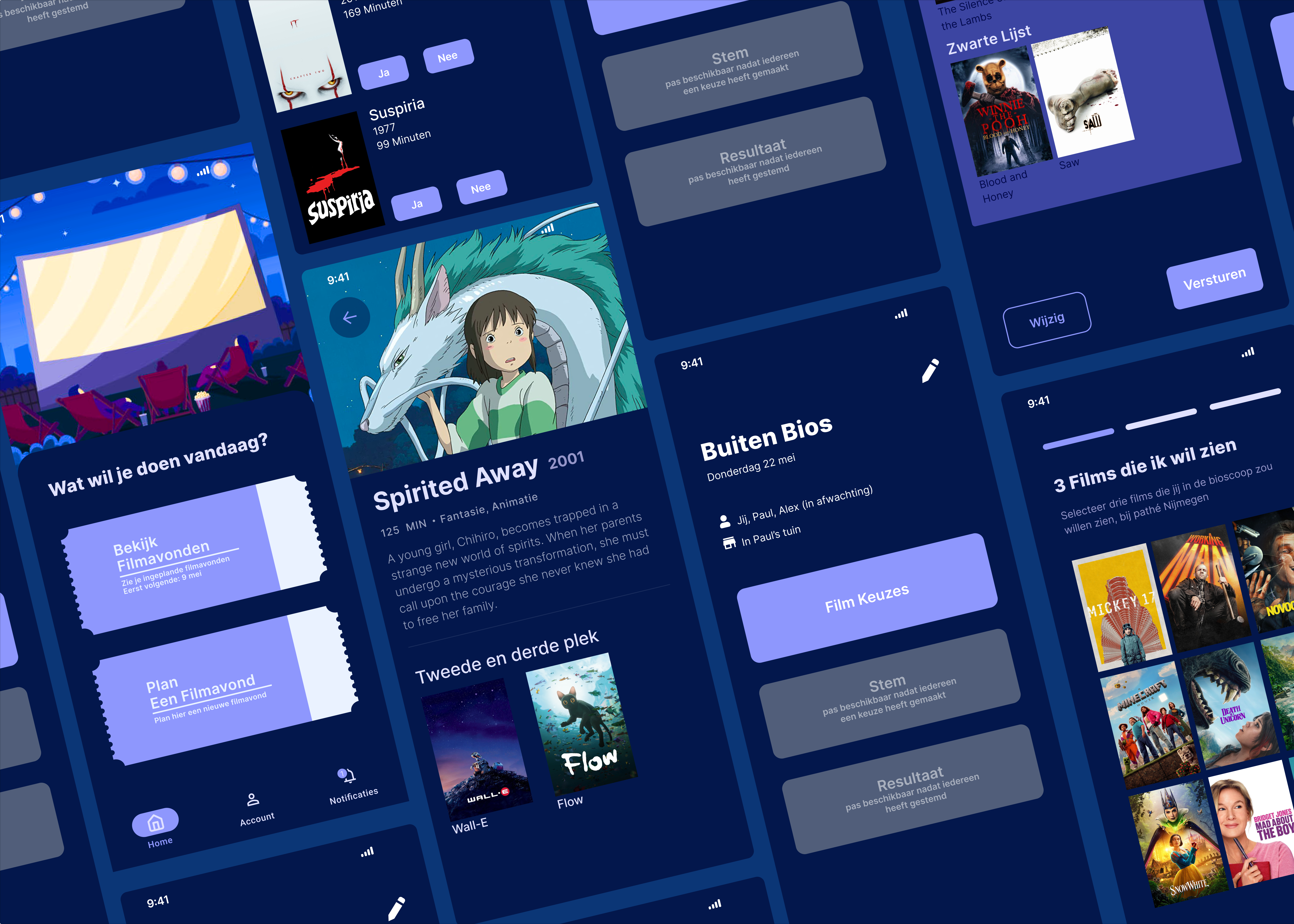 Voorblad met meerdere schermen van een filmavond app