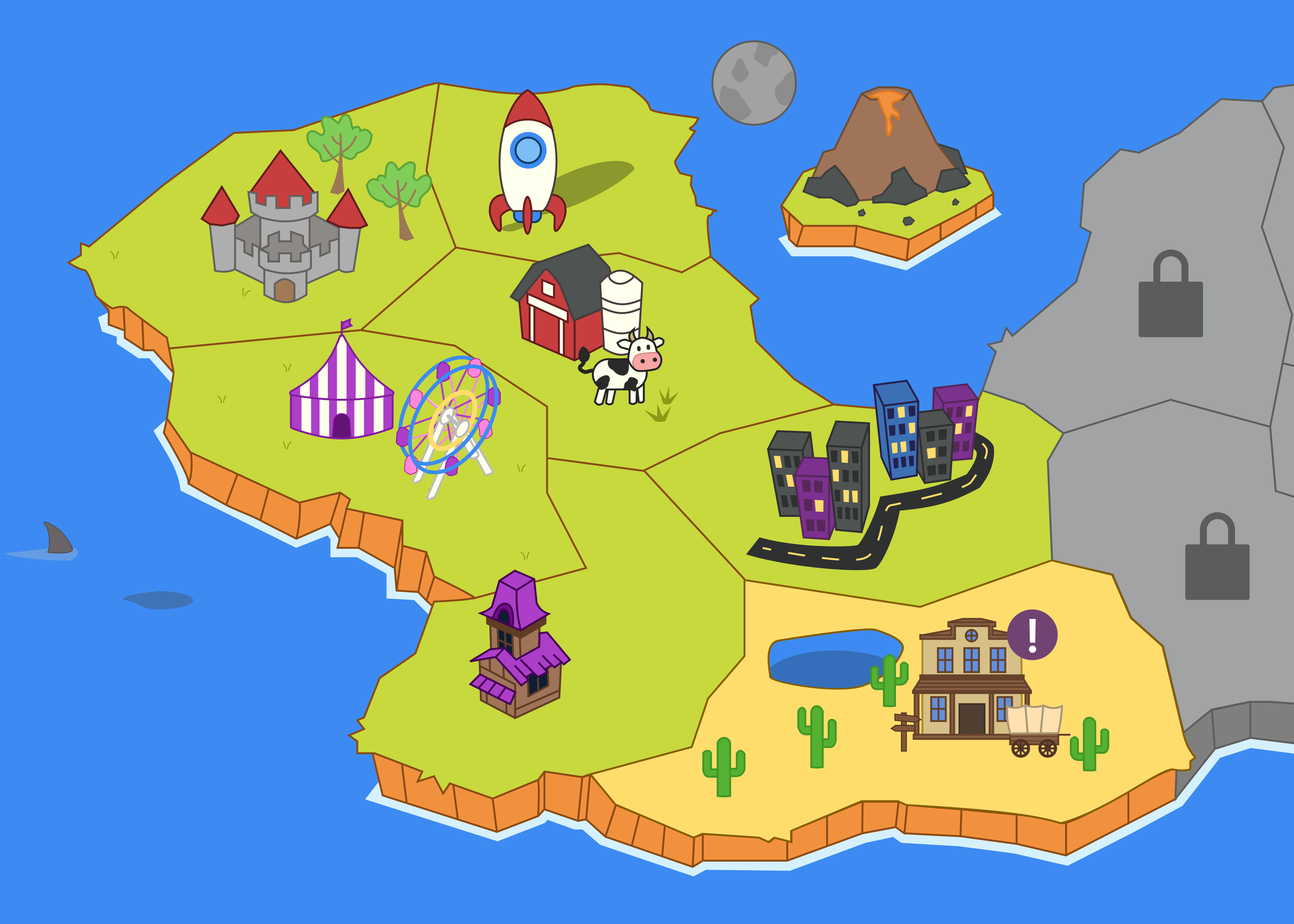 Een geïllustreerde kaart met verschillende level iconen